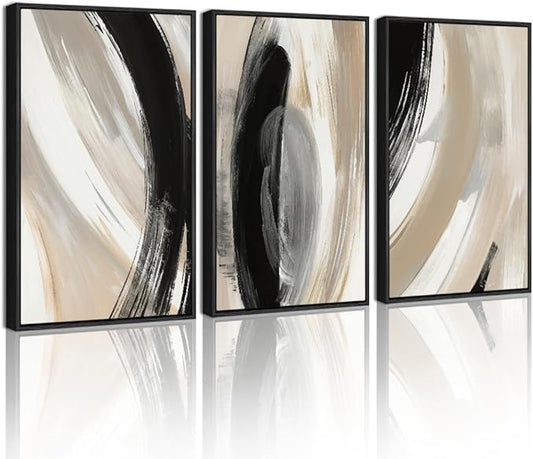 KUVIOKE Modern Abstract Framed Wall Art Black Neutral Minimalist Ink and Wash Graffiti Pastel Wall Decor for Bedroom Living Room 11x14in (Black Framed)