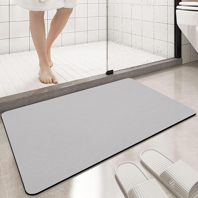 Large Bathroom Rugs Diatomaceous Earth Bath mat Super Absorbent Quick Dry Non Slip Bath Mat Thin Bathroom Floor Mats Fit Under Door-Shower Rug for in Front of Bathtub Shower, Grey, 19.6"x31.5"