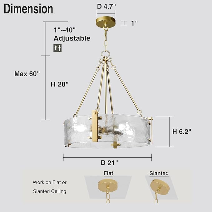 IKK Modern Textured Glass Chandelier, Gold Dining Room Chandelier, Elegant Drum Farmhouse Crystal Light Fixture, Round Lighting for Living Room, Foyer Kitchen Island Bedroom Bathroom D=21