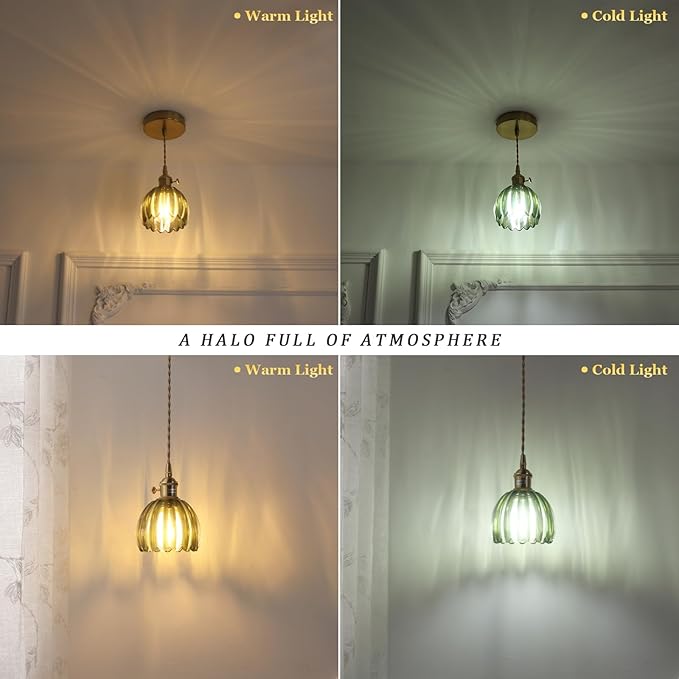 Mini Pendant Light 2 Pack with Green Tulip Glass Lmapshade, Brass Vintage Pendant Light Adjustable Hanging Light for Kitchen Island Dining Room Hallway