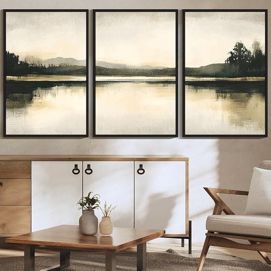 KUVIOKE Watercolor Abstract Mountain Lake Framed Wall Art Brown Landscape Nature Wilderness Painting Nordic Neutral Tan Illustration Decorative Home Decor 24x36in (Black Framed)