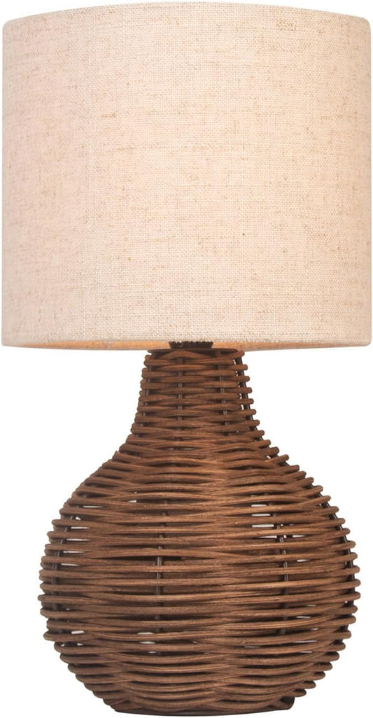 Rattan Table Lamp, Decorative Nature Table Lamp with E12 Socket, Beige Linen Lampshade, Retro Lamp for Living Room, Children's Room, Bedroom Decoration