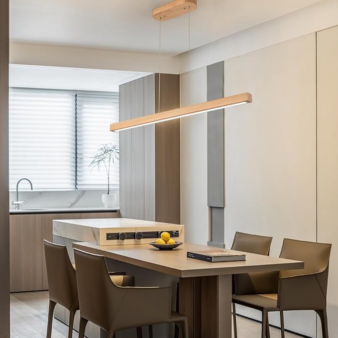 Wooden Linear Pendant Light 47" LED Pendant Light Dimmable Pool Table Island Lights Modern Linear Chandeliers for Dining Room Kitchen Ceiling Pendant Lamp for Dining Room Billiard Room Natural