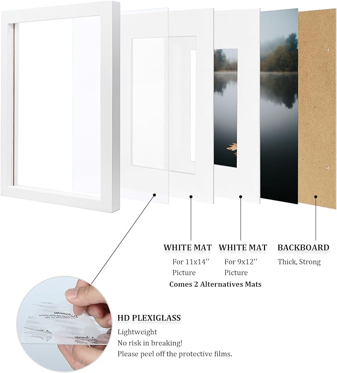 Egofine 12x16 Picture Frames 4PCS Covered by Plexiglass, Made of Solid Wood, Display Pictures 9x12/11x14 with Mat or 12x16 Without Mat for Wall Mounting, White with Texture