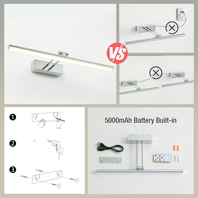 Battery Picture Light, 16 inch Wireless Picture Light for Painting with Remote,Full Metal Rechargeable Art Light,Wall Sconce Display Lighting for Portrait, Photo Frame,Gallery, (Chrome)