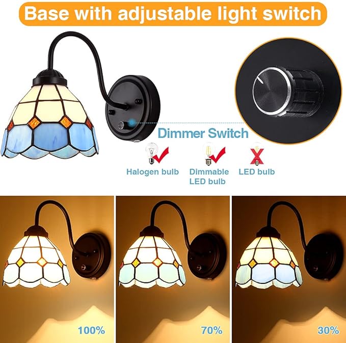 Tiffany Bedside Wall Mount Lamp with Dimmable Switch, Industrial Vintage Gooseneck Wall Sconce with Plug in Cord, Sea Blue Stained Glass Shade Wall Light Perfect for Bedroom, Living Room and Hotel
