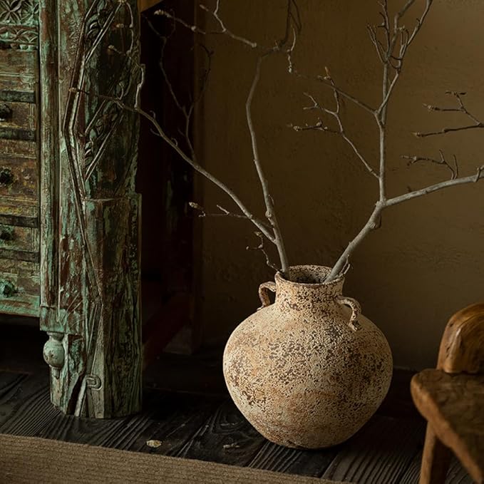 Ceramic Rustic Farmhouse Vase,Extra Large Terra Cotta Vase, Huge Pottery Decorative Flower Vases for Living Room Entryway Table Centerpiece Decor(11.8'' X 11.8'' x 11.8'')