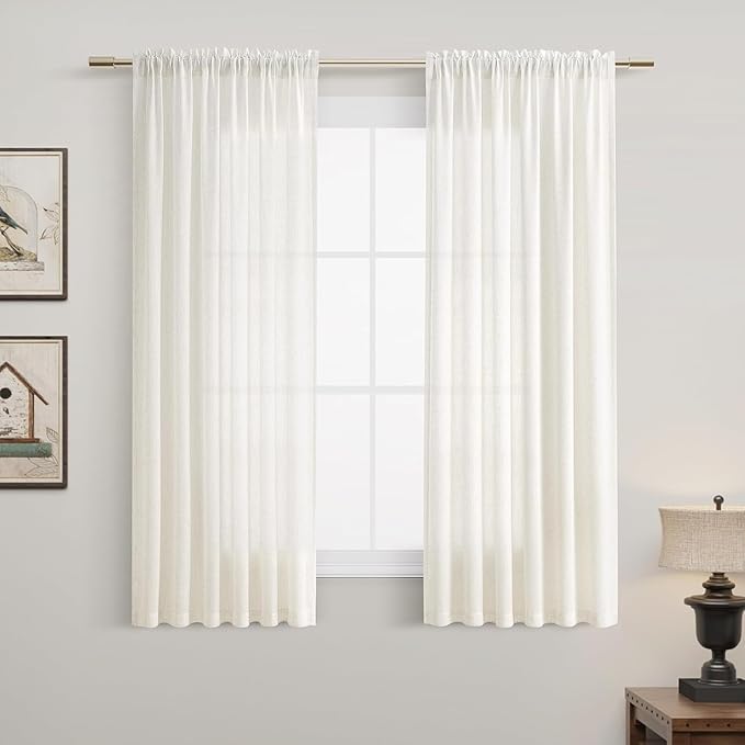Guken Linen Cafe Curtains 54 Inch Length Rod Pocket Light Filtering Drapes Semi Sheer Short Curtain Tiers Boho Farmhouse for Small Bathroom RV Kitchen Basement, 38" Wx54 L Natural 2 Panels