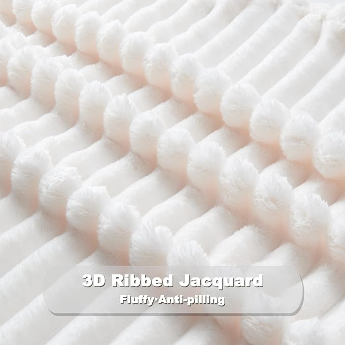 NEWCOSPLAY Super Soft Throw Blanket Ivory Premium Silky Flannel Fleece 3D Ribbed Jacquard Lightweight Bed Blanket All Season Use (Ivory Ribbed, Throw(50"x60"))