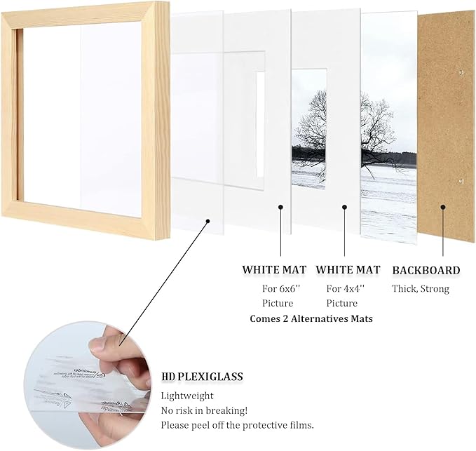Egofine 8x8 Picture Frames Natural Wood Frames with Plexiglass, Display Pictures 4x4/6x6 with Mat or 8x8 Without Mat Set of 4 for Tabletop and Wall Mounting
