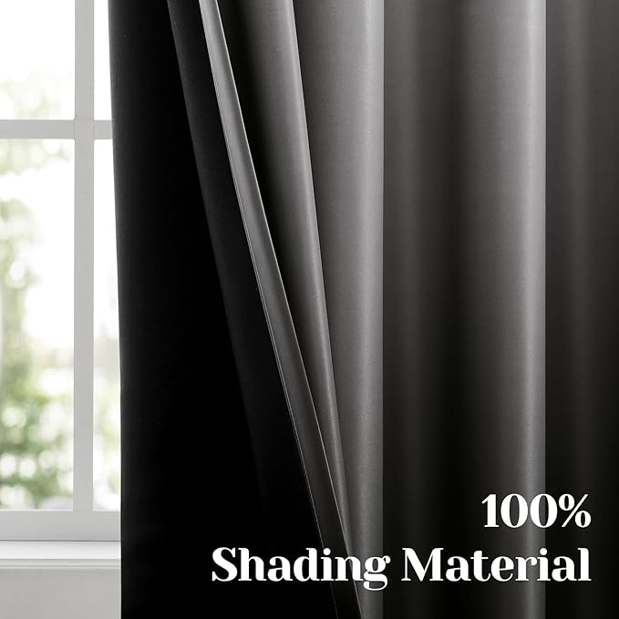 HOMEIDEAS Black 100% Ombre Blackout Curtains for Bedroom, 52 X 63 Inches Long Room Darkening Gradient Light Blocking Thermal Insulated Grommet Drapes for Living Room, 2 Panels