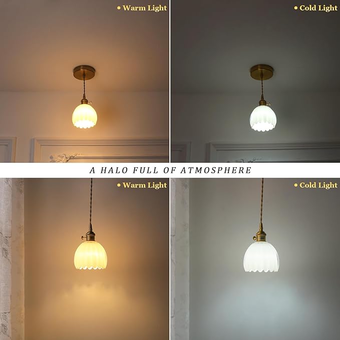 Mini Pendant Light 2 Pack with White Tulip Glass Lmapshade, Brass Vintage Pendant Light Adjustable Hanging Light for Kitchen Island Dining Room Hallway