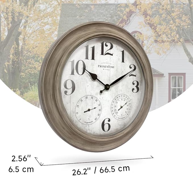Presentime & Co. 26" Clifton in/Outdoor Farmhouse Clock with Thermometer & Hygrometer as All in One Weather Station, Farmhouse Wall Art and Timepiece for Home Decoration, Light Grey Oak Finish