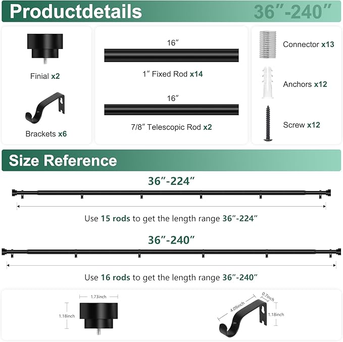 Extra Long Curtain Rods 120 to 240 Inch(10-20ft),1Inch Black Curtain Rod,Adjustable Curtain Rod,Heavy Duty Decorative Window Curtains Rods for Bedroom,Long Curtain Rods 120-240