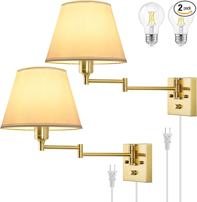 TRLIFE Wall Sconce Plug in, Brushed Brass Dimmable Wall Sconces Set of 2 Swing Arm Wall Lights with Plug in Cord and Dimmer On/Off Knob Switch, 9.4" Medium White Fabric Shade(2 LED Bulbs Included)