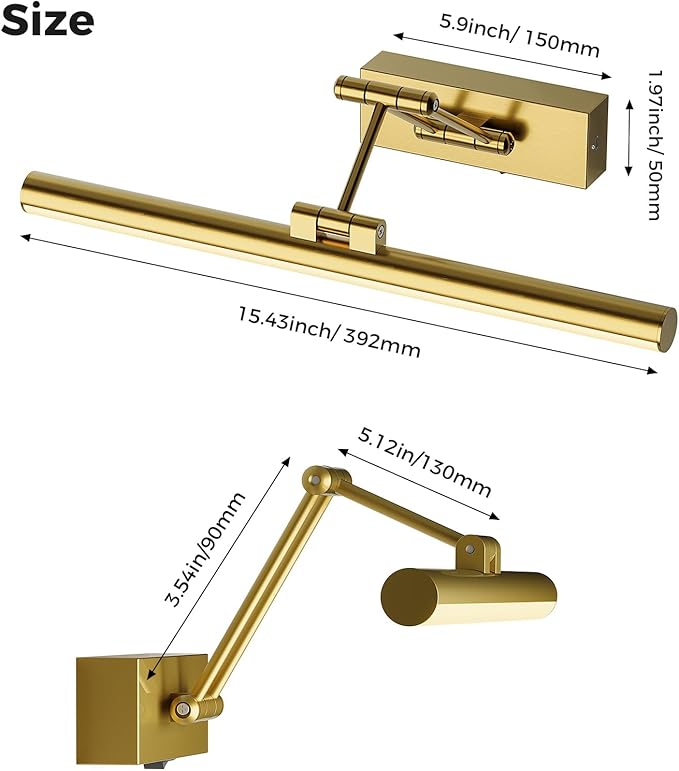 Joossnwell Picture Lights for Wall Battery Operated Art Light for Painting Wireless with Remote Rechargeable Brass Gallery Lighting 15.43 Inch for Portrait Library Artwork