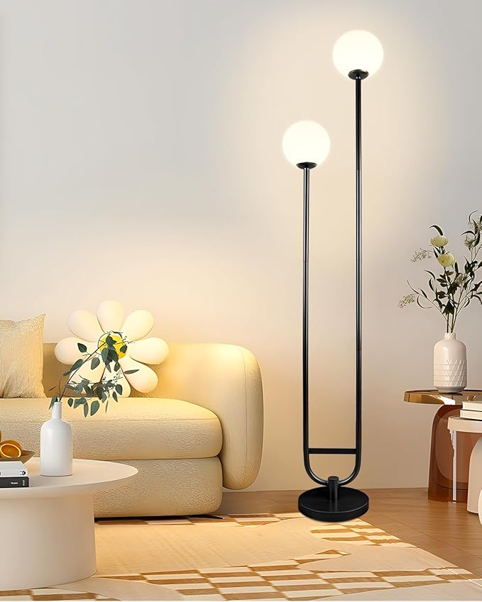 Lightdot 63IN Globe Floor Lamp with Black Candle Holder Style Modern Mid Century Standing Lamps with 2 Globe 3000K Warm Bulbs Included Unique Vintage Tall Floor Lamp for Lving Room