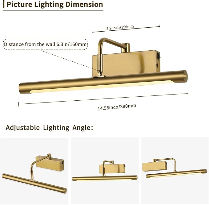 Joosenhouse Battery Operated Picture Light Wireless Gallery Lights 5000mAh Rechargeable Wall Light with Remote Control Dimmable and Timer Off 15Inch Brass Color