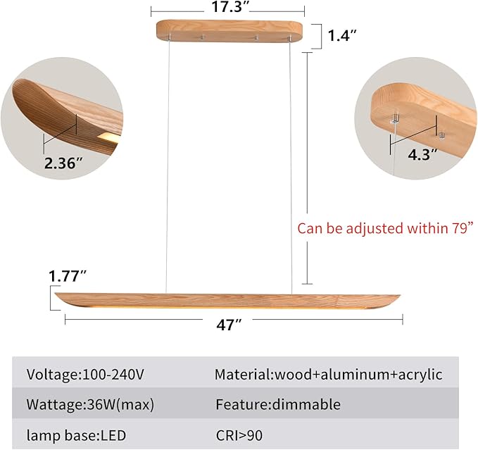 47" Wood Linear Pendant Light LED Pendant Lights Dimmable Pool Table Island Lights Modern Linear Chandeliers for Dining Room Kitchen Ceiling Pendant Lamp for Kitchen Island Pool Table Natural