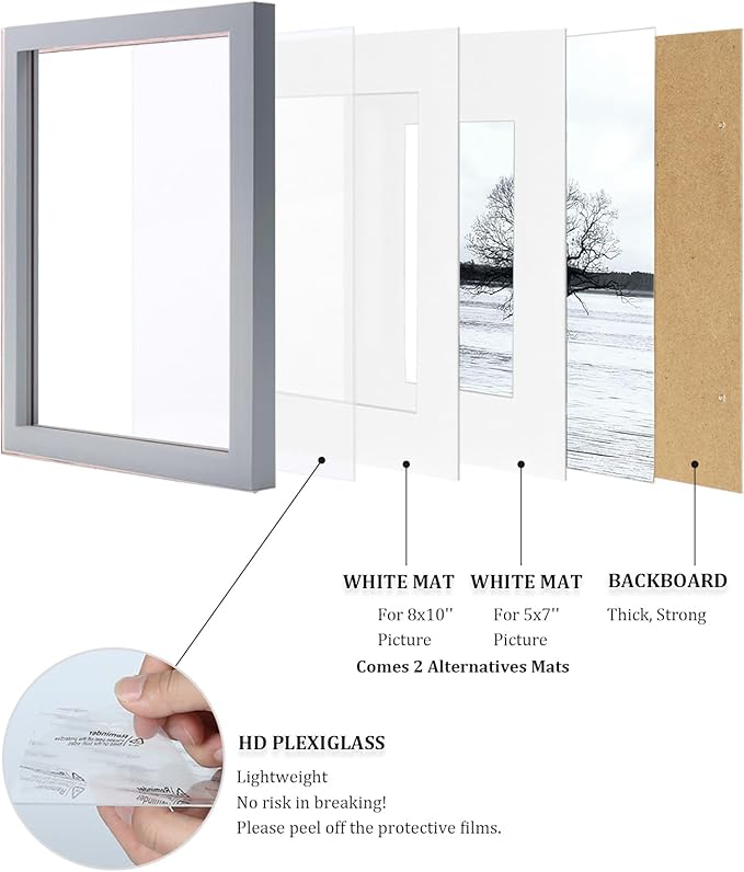 Egofine 11x14 Picture Frames, 4 Pack Display Pictures 5x7/8x10 with Mat or 11x14 Without Mat Made of Solid Wood Covered by Plexiglass for Table Top Display and Wall Mounting Photo Frame, Light Gray