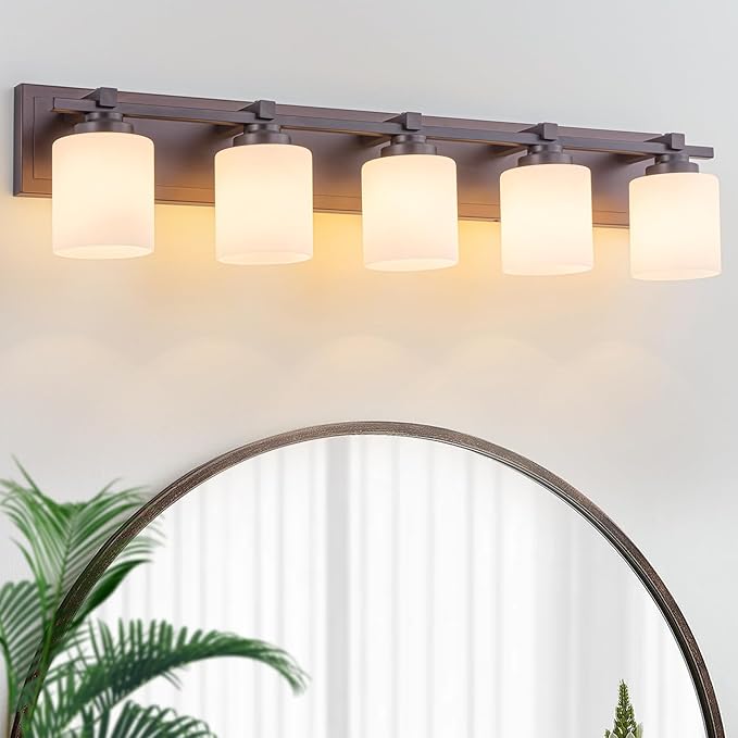 5 Light Modern Bathroom Light Fixtures Over Mirror, Bronze Finish Vanity Lights for Bathroom Wall Sconces with Milky White Glass Shades, E26 Socket (Bulbs Not Included)