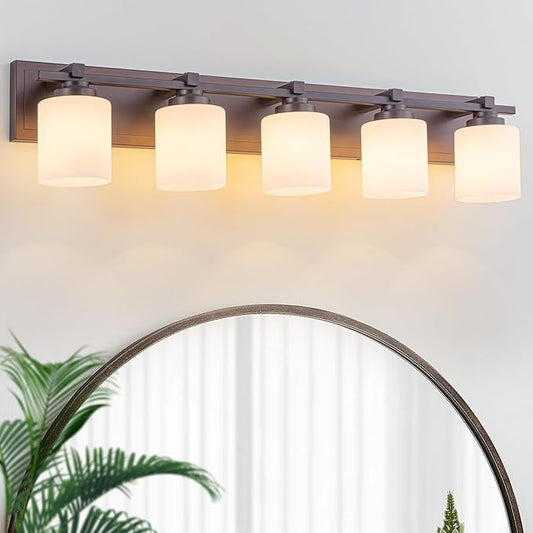 5 Light Modern Bathroom Light Fixtures Over Mirror, Bronze Finish Vanity Lights for Bathroom Wall Sconces with Milky White Glass Shades, E26 Socket (Bulbs Not Included)