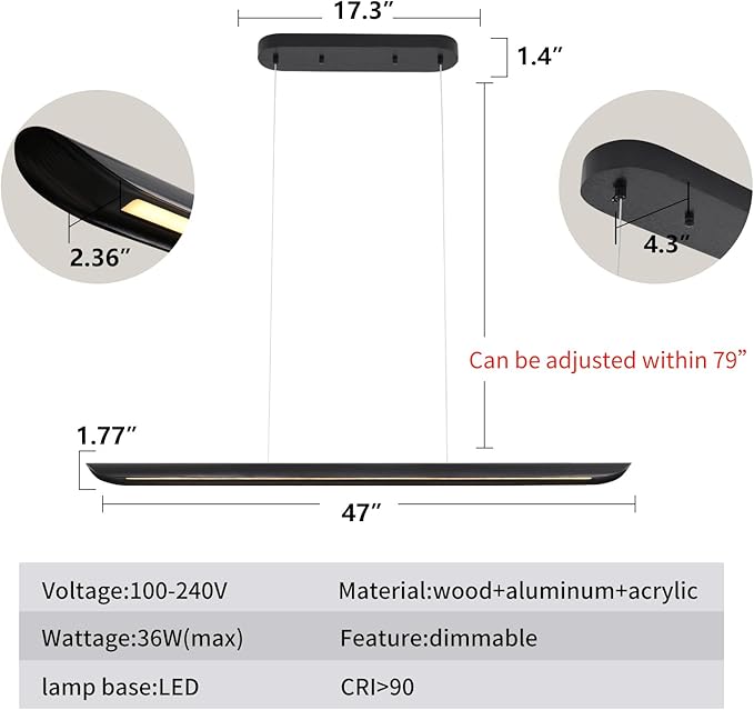 47" Modern Led Linear Pendant Light 36w Dimmable Ceiling Hanging Lights Wood Linear Chandeliers Office Lighting for Dining Room Kitchen Island Pool Table Light Living Room Bar Pendant Light Black