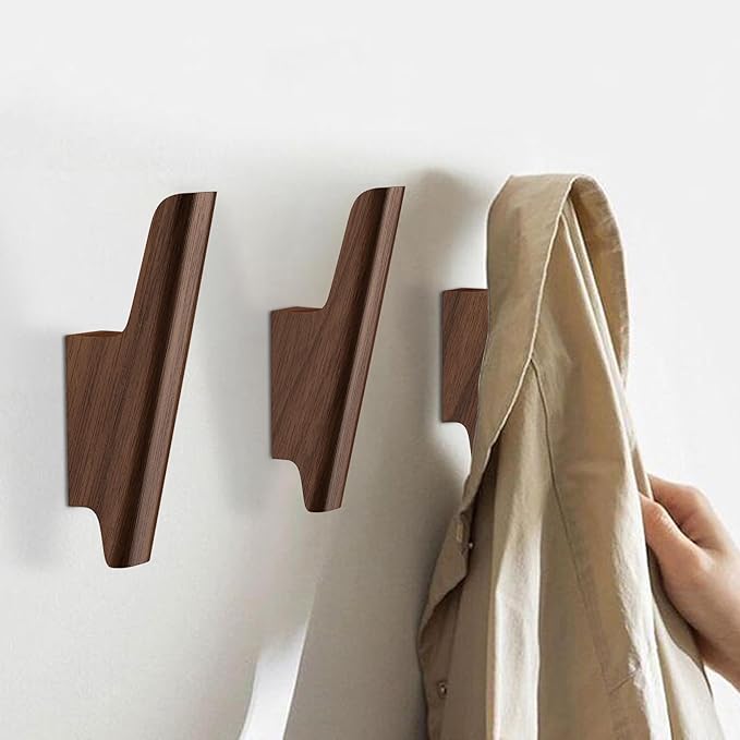 Wooden Wall Hooks 4 Pack Coat Hooks Mounted Walnut Wooden Hooks for Wall Hanging Hat, Towel, Bag, Backpack, Decorative Wood Heavy Duty Hook for Entryway and Bathroom (Walnut, Dark)