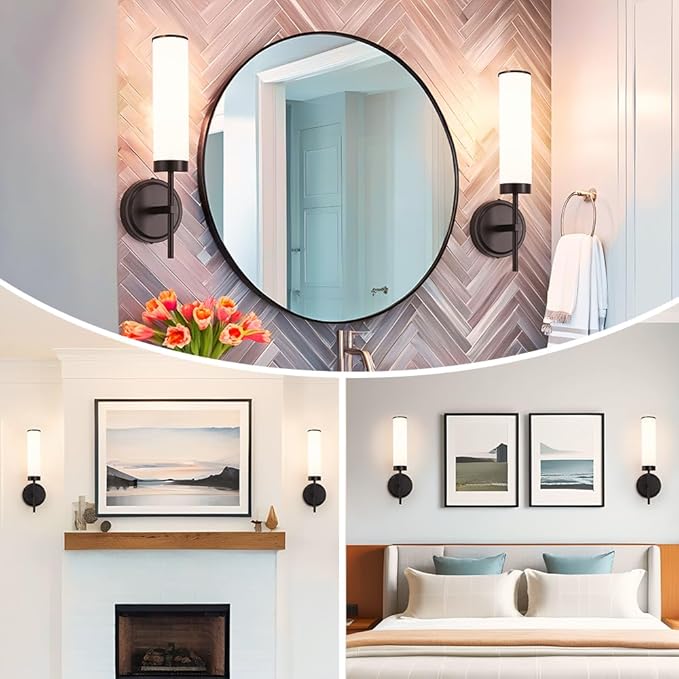 Matte Black Wall Sconces Set of 2, Modern Bathroom Sconces Wall Lighting with Opal White Glass, Vanity Light Fixtures for Bathroom, Wall Mount Lights for Living Room Bedroom Hallway, Hardwired