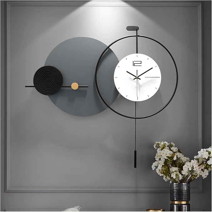 Large Modern Wall Clock for Living Room,Decorative Silent Battery Operated Wall Clock with Pendulum Metal Wall Art for Kitchen/Bedroom/Entryway/Office Decor