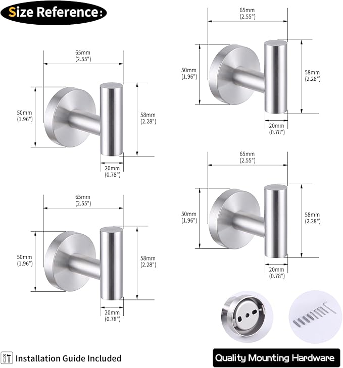 GERZWY Bath Towel Hook SUS 304 Stainless Steel Coat/Robe Clothes Hook for Bath Kitchen Modern Hotel Style Wall Mounted 4 Pack Brushed Finish AG1307B-LS