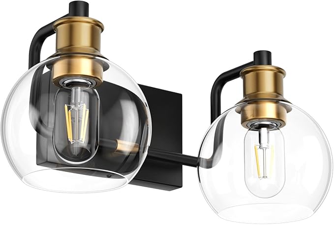 Tipace 2 Lights Vintage Bathroom Vanity Light Fixtures Over Mirror Black & Gold Industrial Vanity Lights with Globe Clear Glass Farmhouse Wall Sconces Fixture(Exclude Bulb)