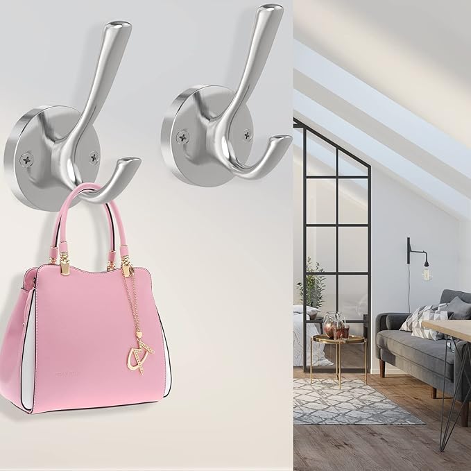 Brushed Nickel Wall Hooks, 6 Pack Coat Robe Hook Heavy Duty Metal Double Bath Hook Wall Mounted, Hand Towel Hooks for Cubicle Bathroom Kitchen Closet Garage