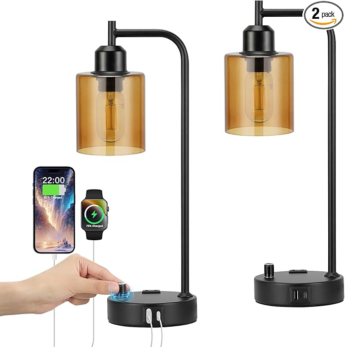 Industrial Bedside Lamps for Nightstand Set of 2 - Fully Dimmable Bedroom Lamps with USB A C Ports and Outlet, Black Table Lamps with Amber Glass Shade for Living Room, Desk Lamps for Office Reading
