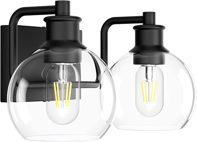 Tipace 2 Lights Industrial Bathroom Vanity Light Fixtures Over Mirror Black Vintage Vanity Lights with Globe Clear Glass Farmhouse Wall Sconces Fixture(Exclude Bulb)