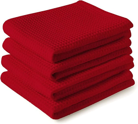 Encasa XO Kitchen Dish Towels Set | Red | Waffle Weave and Flat Hand Tea Towel | 28"x18" | Quick Drying Reusable Cotton Washcloths | Multipurpose Lightweight Dishcloths Set of 4