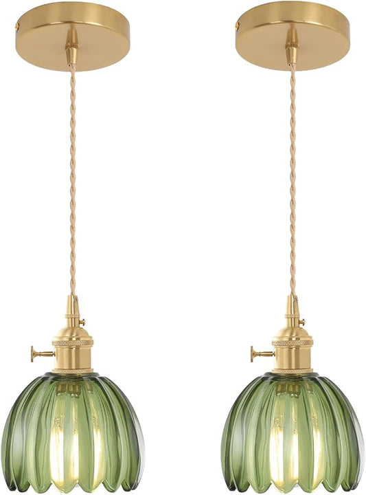 Mini Pendant Light 2 Pack with Green Tulip Glass Lmapshade, Brass Vintage Pendant Light Adjustable Hanging Light for Kitchen Island Dining Room Hallway