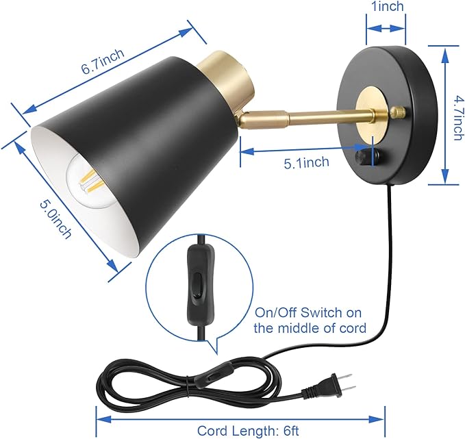 Wall Sconce Plug in, Dimmable Wall Sconces Adjustable Wall Lights with Plug in Cord and Dimmer On/Off Rotary Switch, Wall Mounted Light for Bedside Bedroom LivingRoom(2 Bulbs Included)