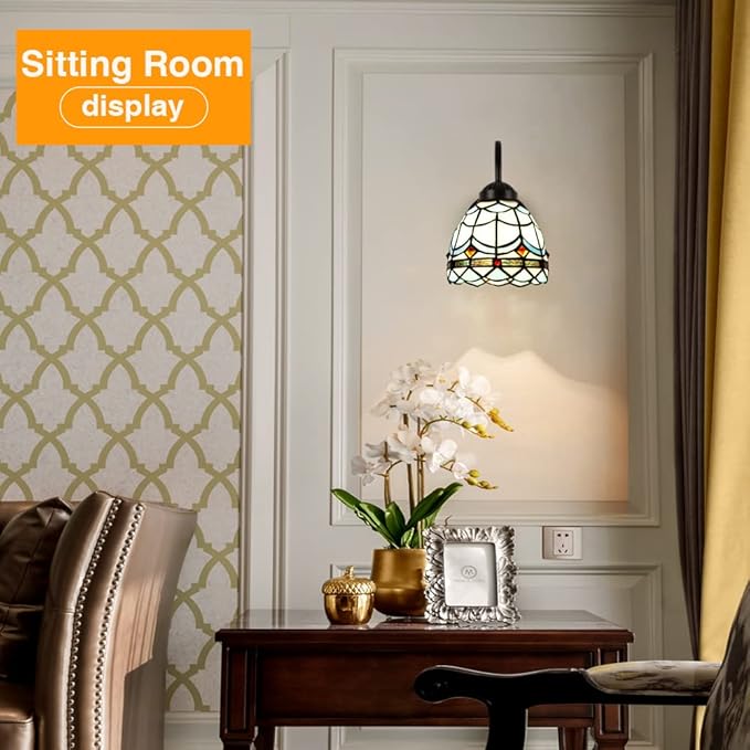 Tiffany Bedside Wall Mount Lamp with Dimmable Switch, Industrial Vintage Gooseneck Wall Sconce with Plug in Cord, Wavy Blue Stained Glass Shade Wall Light Perfect for Bedroom, Living Room