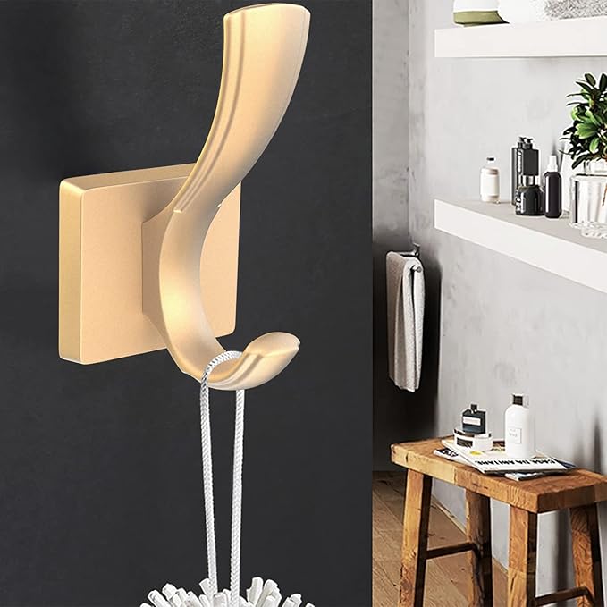Gold Hooks for Wall Double Hooks, Heavy Duty Thick Bathroom Coat Hooks for Hanging Key Robe Hat Backpack, Wall Mount Hat Hooks Bath Towel Hooks(6 Pack, Gold)