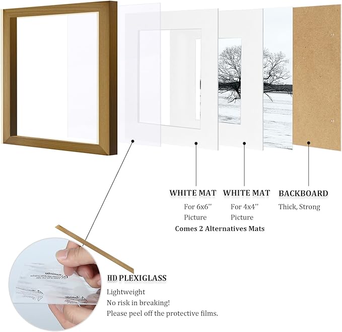 Egofine 8x8 Picture Frames 4 Pack Covered by Plexiglass, for Picture 4x4 with Mat or 8x8 whitout Mat Made of Solid Wood for Table Top Display and Wall Mounting Photo Frame, Light Brown
