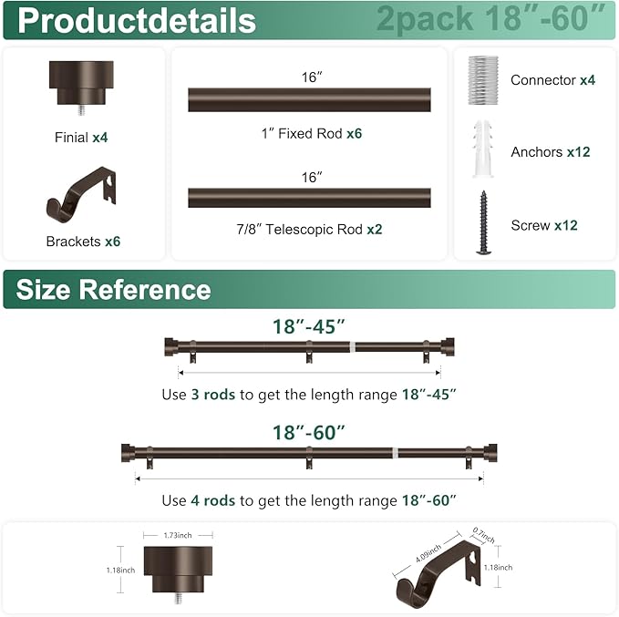 HEI! DEAR 2 Pack Bronze Curtain Rods 18 to 60 Inch(1.5-5ft),1 Inch Heavy Duty Curtain Rods,Adjustable Curtain Rod,Modern Decorative Drapery Rods,Telescoping Window Curtains Rods 18-60",Antique Bronze