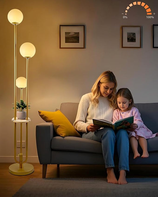 Lightdot 63IN Dimmable Gold Floor Lamp with Shelf Mid Century Standing Lamps with 3000K Warm Bulbs with Candle Holder Style Modern Globe Floor Lamp for Living Room/Party