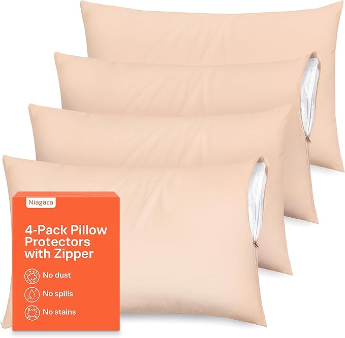 Ultra Soft Pillow Protectors with Zipper King Size - Set of 4 Breathable Pillow Covers - 100% Protection Against Stains, Dust & Dirt - Machine Washable (Beige)