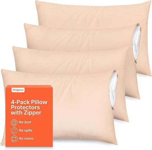 Ultra Soft Pillow Protectors with Zipper King Size - Set of 4 Breathable Pillow Covers - 100% Protection Against Stains, Dust & Dirt - Machine Washable (Beige)
