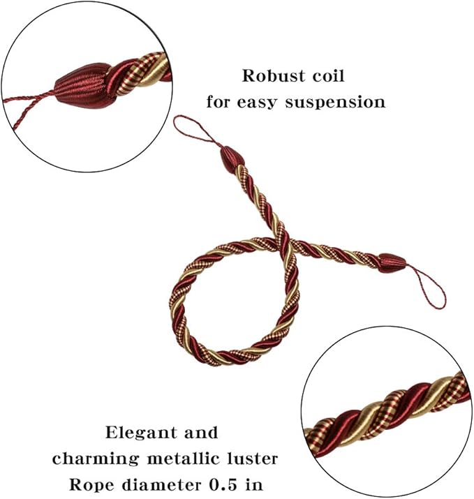 BEL AVENIR Curtain Rope Tiebacks, Drapery Rope Holdbacks with 4 Metal Screw Hooks (MIX red, 4pack)
