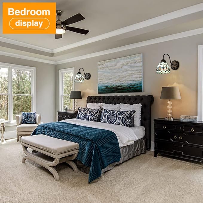 Tiffany Bedside Wall Mount Lamp with Dimmable Switch, Industrial Vintage Gooseneck Wall Sconce with Plug in Cord, Wavy Blue Stained Glass Shade Wall Light Perfect for Bedroom, Living Room