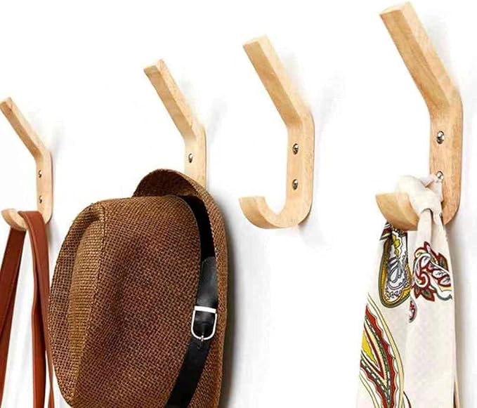 Wooden Coat Hooks Wall Hooks,Natural Oak Wood Hooks Decorative Vintage Wood Wall Hooks Organizer Heavy Duty Wall Mounted Hooks for Hanging Coats, Key, Cap, Cup (4 Pack)