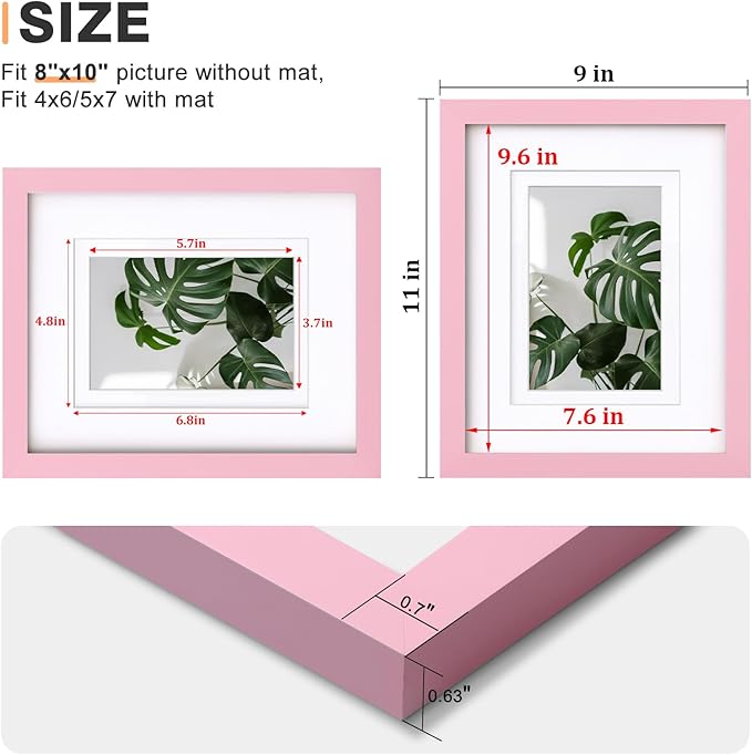 Egofine 8x10 Picture Frames with Plexiglass, Display Pictures 4x6/5x7 with Mat or 8x10 Without Mat Set of 4 for Tabletop and Wall Mounting, Pink