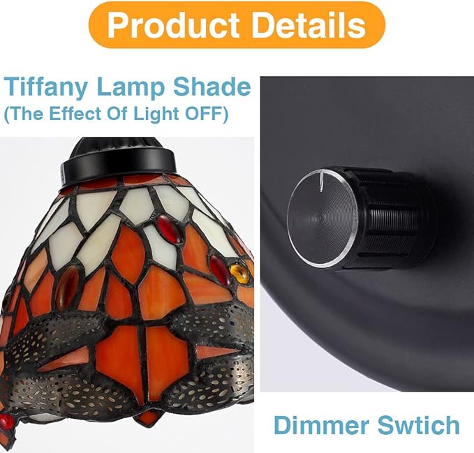Tiffany Bedside Wall Mount Lamp with Dimmable Switch, Industrial Vintage Gooseneck Wall Sconce with Plug in Cord, Dragonfly Stained Glass Shade Wall Light Perfect for Bedroom, Living Room